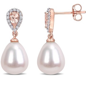 EVERLY JEWELRY | 10K Rose Gold 9 - 9.5mm Cultured Freshwater Pearl, 1/2 CT TGW Morganite and 1/7 CT TW Diamond Drop Earrings - 1 of 4