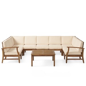 GDFStudio Abena Outdoor Acacia Wood 9 Seater Sectional Sofa Chat Set with Cushions - 1 of 4