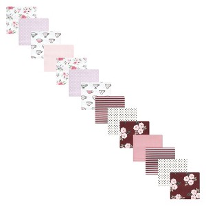 Hudson Baby Infant Girl Cotton Flannel Receiving Blankets Bundle Set, Tea Party Burgundy Floral, One Size - 1 of 3