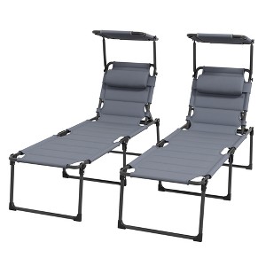 2 Pcs Outdoor Lounge Chair, 4 Position Adjustable Backrest, Folding, Cushioned w/ Sun Shade Roof & Pillow - 1 of 4