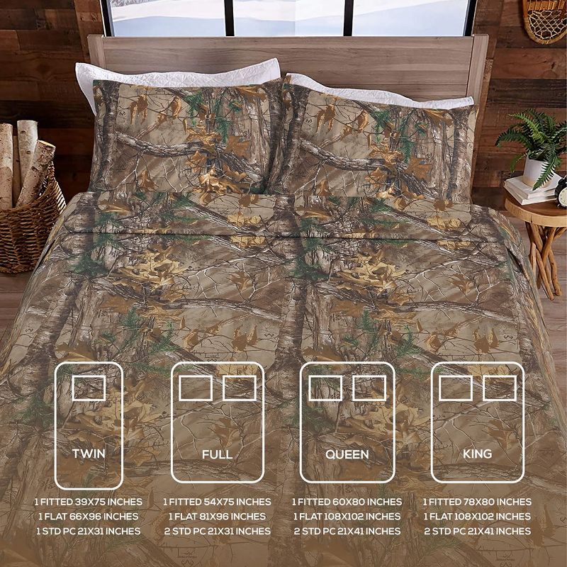 Realtree Xtra Camo Sheet Set - 4 Piece Camouflage Printed Bedding - Easy Care Forest Theme Sheet Set for Bedroom, Hunting & Outdoor - Full, 5 of 9