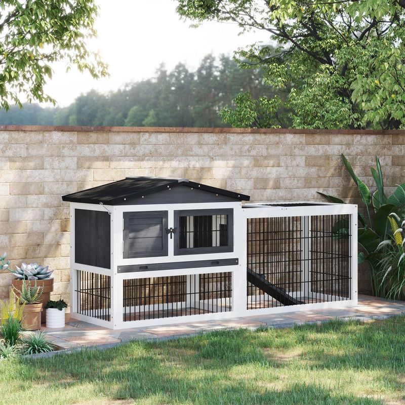 PawHut 2 Levels Wooden Rabbit Hutch Bunny Hutch House Guinea Pig Cage with Run Space, Removable Tray, Ramp and Waterproof Roof for Outdoor, 3 of 11