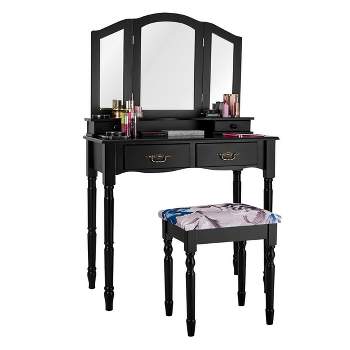 Tangkula Tri Folding Vanity Mirror Makeup Table Set w/4 Drawers & Stool White