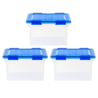 IRIS 3pk Letter and Legal Size Weather Tight File Box Clear with Blue Lid and Buckle