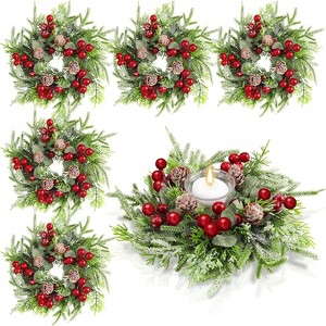 8 Pcs Christmas Candle Rings Wreath Artificial Berries Snowy Pine Candle Ring Holder - 1 of 4