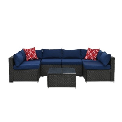 7-Piece PE Rattan Furniture Set, Seating Set with Tempered Glass Coffee Table, Chairs with Iron Frame and Polyester Cushions-Coolbibila