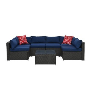7-Piece PE Rattan Furniture Set, Seating Set with Tempered Glass Coffee Table, Chairs with Iron Frame and Polyester Cushions-Coolbibila - 1 of 4