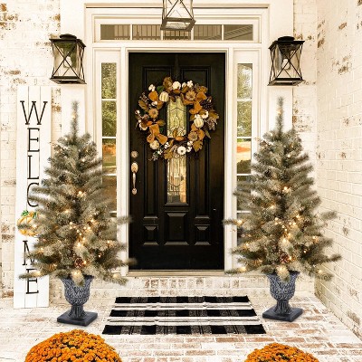 Set of 2 Pre-Lit 4Ft White Flocked Pine Christmas Trees with Urn Pot