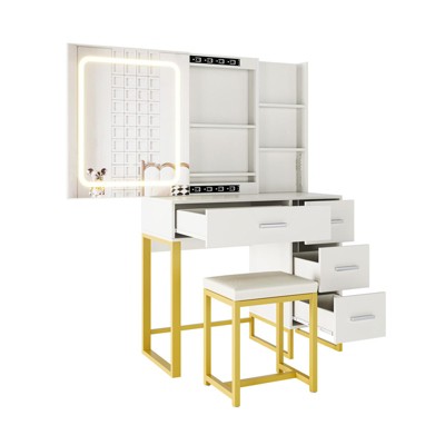 Modern White Vanity Desk, Small Make Up Vanity Table with Lighted Mirror, Charging Station, Drawers, Open Shelves & Stool, Compact Dressing Table for