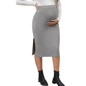 INSPIRE CHIC Women's Maternity High Waist Casual Side Split Stretchy Elastic Bodycon Sweater Skirt - 1 of 4