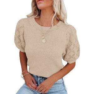 Womens Short Sleeve Lightweight Sweaters Crewneck Knit Pullover Tops with Crochet Sleeve Casual Crochet Blouse Shirt for Spring, Summer - 1 of 4