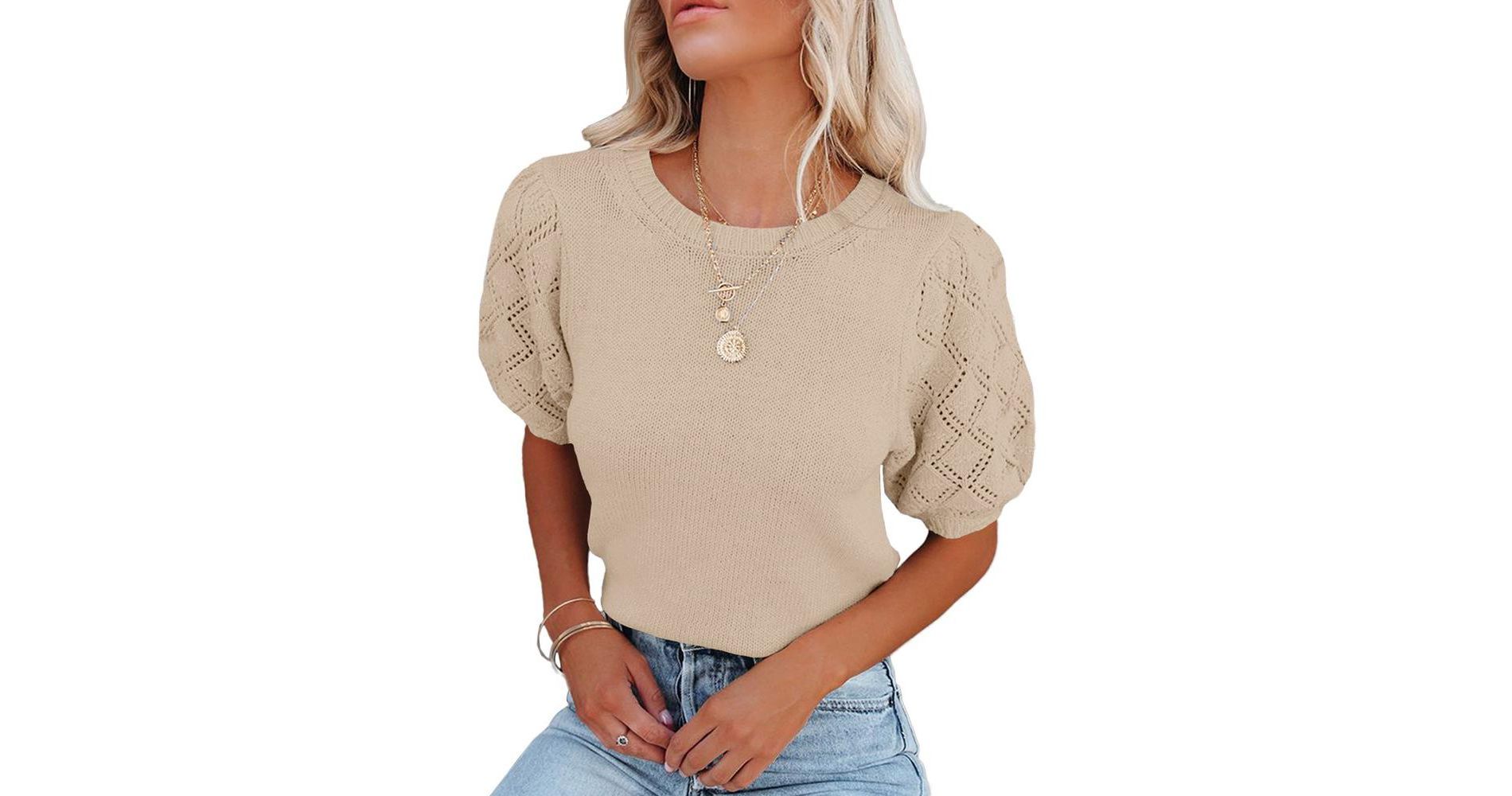 Womens Short Sleeve Lightweight Sweaters Crewneck Knit Pullover Tops with Crochet Sleeve Casual Crochet Blouse Shirt for Spring, Summer