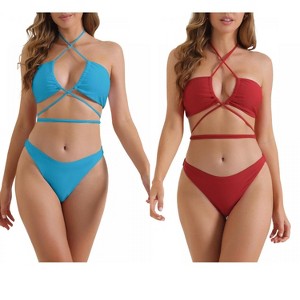INSPIRE CHIC Women's Halter Double Lace Up Tie Back Triangle Bottoms Swimwear Bathing Bikini Suits 2 Sets - 1 of 4