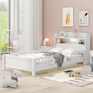 Wood Platform Bed with Built-in LED Lights, Storage Headboard and Guard Rails - ModernLuxe - 1 of 4