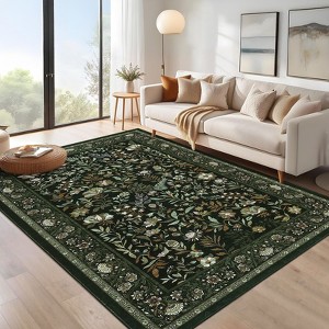 Botanical Area Rugs for Living Room Floral Leaves Pattern Rug Washable Farmhouse Soft Non-Slip Accent Carpet - 1 of 4