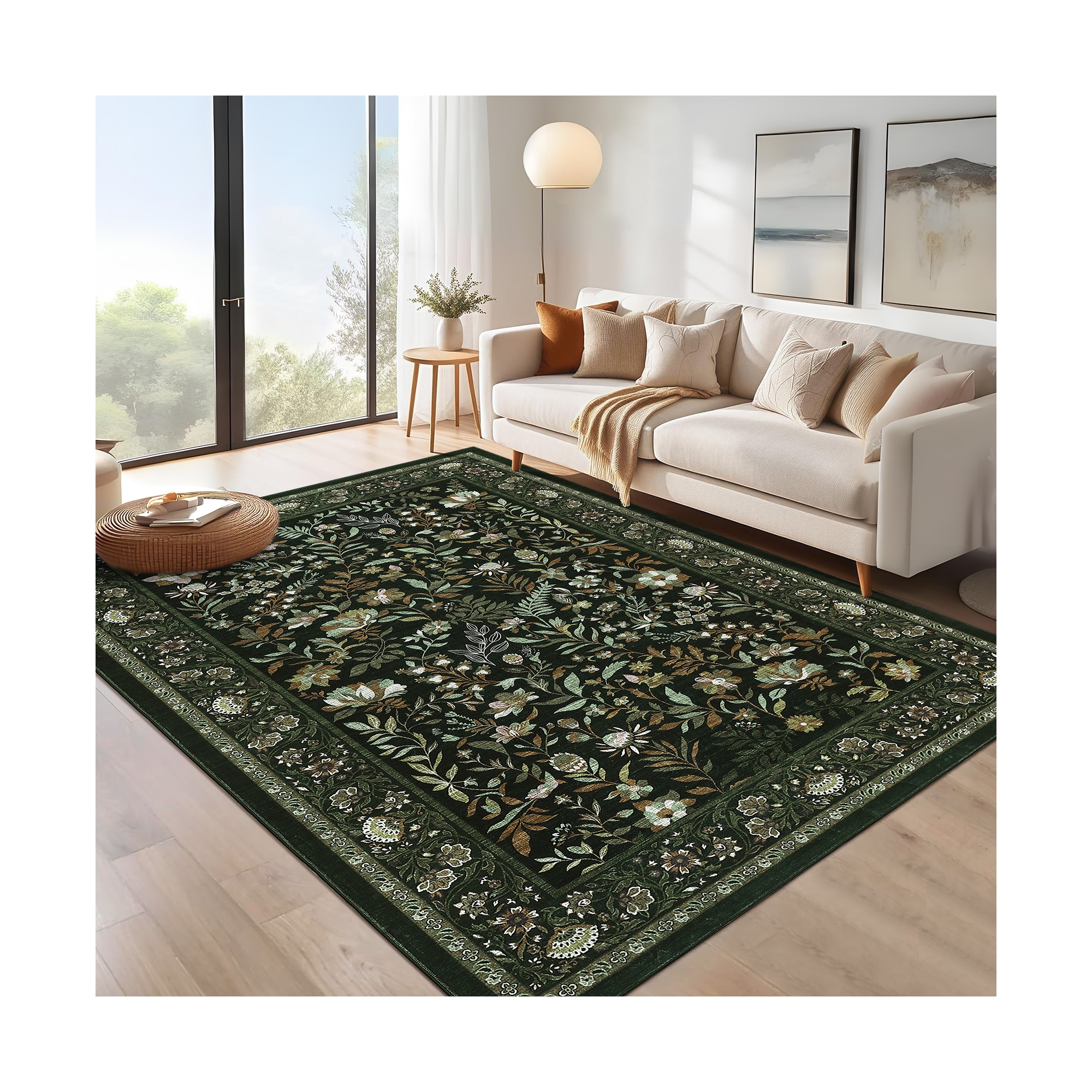 Botanical Area Rugs for Living Room Floral Leaves Pattern Rug Washable Farmhouse Soft Non-Slip Accent Carpet: 5'x7' Green, Stain-Resistant, Foldable