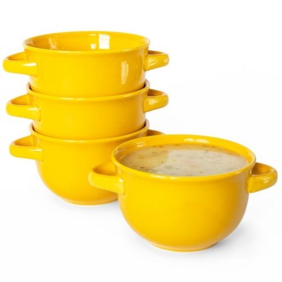 Yellow Ceramic Soup Crocks with Handles, Set of 4, 18 oz