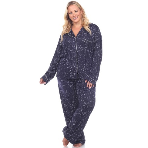 Women s Plus Size Long Sleeve Pajama Set Blue 1X White Mark