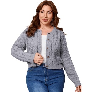 Women's Plus Size Cable Knit Cardigan Button Front Crew Neck Cropped Casual Sweater - 1 of 4