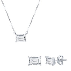 Bella Silver Sterling Silver, Solitaire 5x7mm Rectangle CZ, 18" Necklace & Earrings Set - 1 of 4