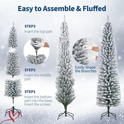 6FT/7.5Ft/9FT Pre-Lit Snow Flocked Pencil Christmas Tree Fir Hinged Slim Skinny Corner Xmas Tree