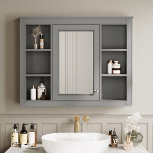 35'' x 27.5'' Medicine Cabinet, Wall Mounted Bathroom Storage Cabinet with Mirror, Modern Wall Cabinet with Concealed & Open Shelves - 1 of 4