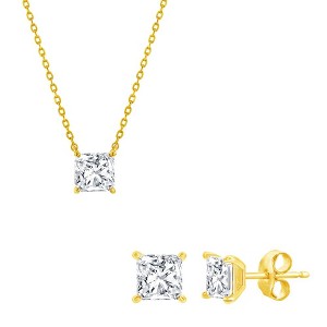 Bella Silver Sterling Silver, Gold Plated Solitaire 6mm Princess-Cut CZ, 18" Necklace & Earrings Set - 1 of 4