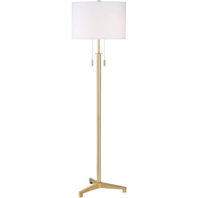 Possini Euro Design Encino Modern Tripod Floor Lamp Standing 60  Tall Brass Gold Metal Off White Fabric Drum Shade for Living Room Bedroom Office Home