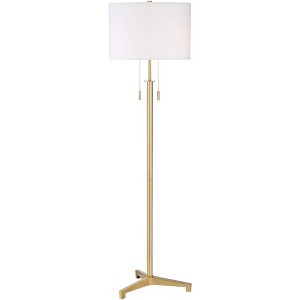 Possini Euro Design Encino Modern Tripod Floor Lamp Standing 60" Tall Brass Gold Metal Off White Fabric Drum Shade for Living Room Bedroom Office Home - 1 of 4