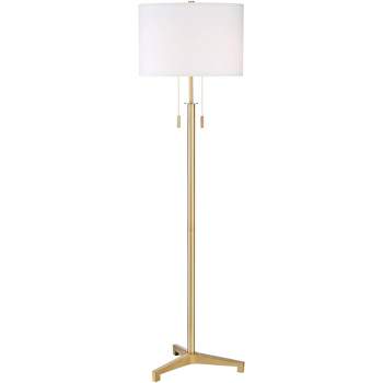 Possini Euro Design Encino Modern Tripod Floor Lamp Standing 60" Tall Brass Gold Metal Off White Fabric Drum Shade for Living Room Bedroom Office Home