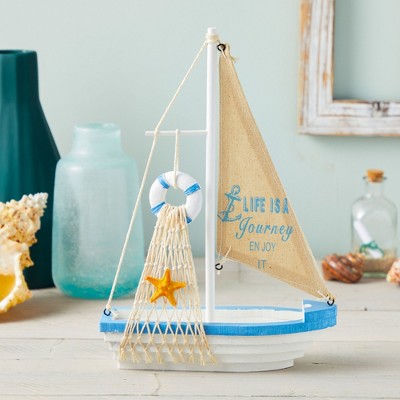 Nautical White and Blue Wooden Sailboat Figurine with Burlap Sail