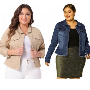 Women's Plus Size 2 Pieces Classic Denim Front Frayed Casual Long Sleeve Fashion Jean Jackets - Agnes Orinda - 1 of 4