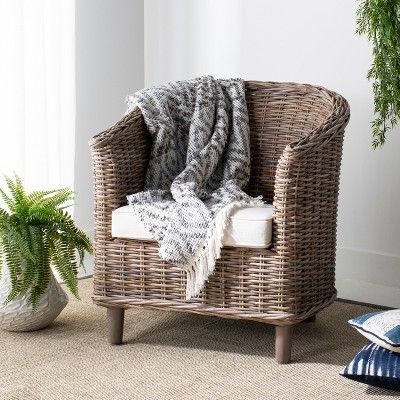 Natural Unfinished Rattan Barrel Accent Chair with White Cushion