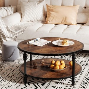 Round Coffee Table with 2-Tier Storage Shelf – Industrial Wood Center Table for Living Room, Small Spaces - 1 of 4