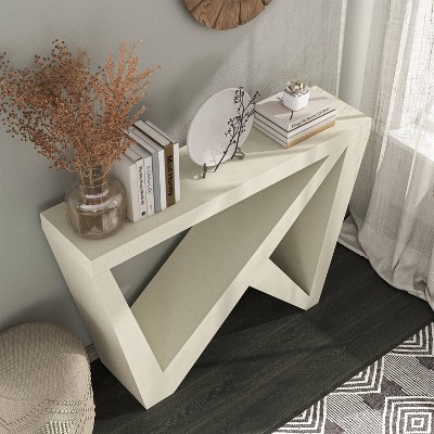 Cream Weave Modern Rectangular Console Table with Geometric Design