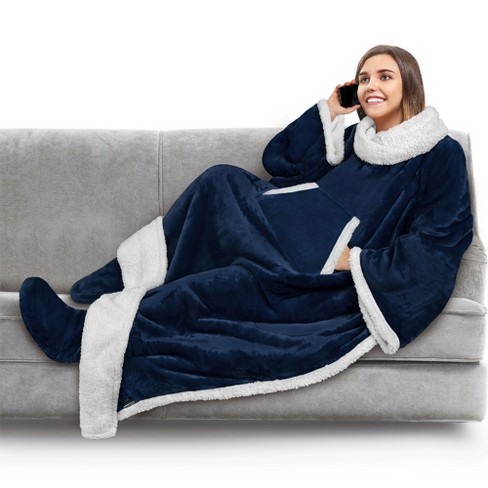 Pavilia Wearable Blanket With Sleeves And Foot Pockets, Fleece Warm Snuggle  Pocket Sleeved Throw For Women Men Adults, Navy/faux Shearling : Target