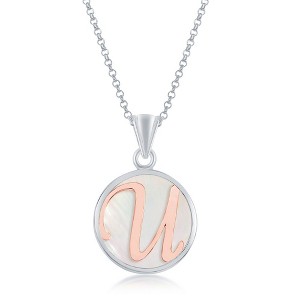 Bella Silver Sterling Silver, MOP 18" Pendant Necklace, Rose Gold Script Initial - White - 1 of 2