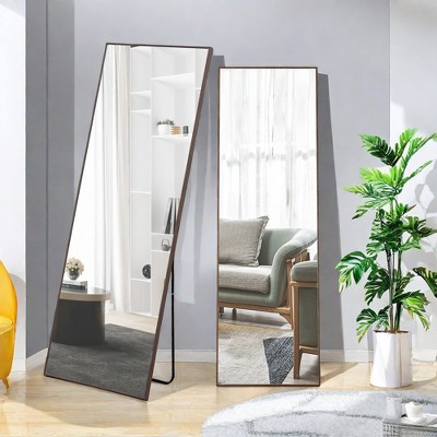 FURNIinspire Full Length Mirrors Floor Standing Wall Mirror, Bedroom Foyer Clothing Store Wall Mounted Mirror, Wooden Frame Square Brown 19"*63"