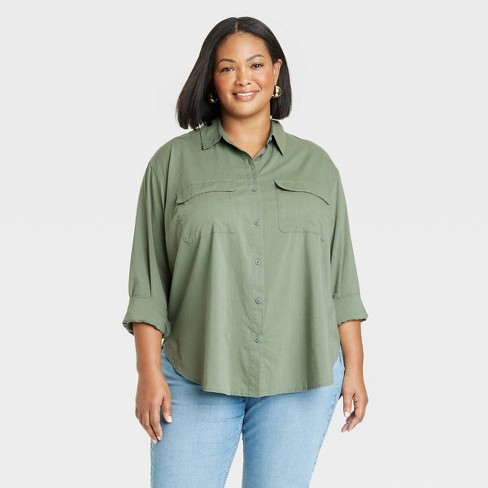 Women's Long Sleeve Utility Button-Down Shirt - Ava & Viv™ Olive Green 4X