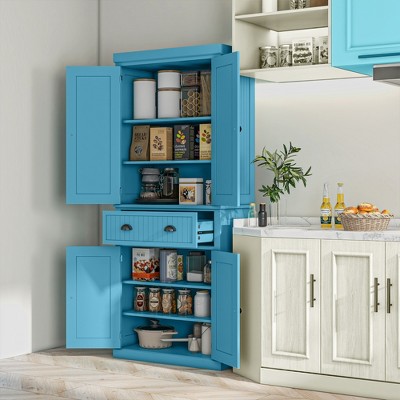 DOMETOUR 72" Kitchen Pantry Cabinet Freestanding Tall Storage Cabinet with 4 Doors, Drawer and 3 Adjustable Shelves for Dining Room