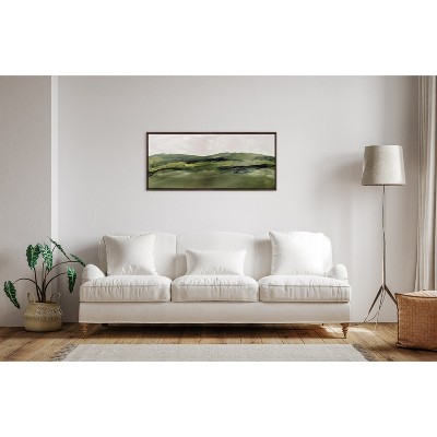 Green Mountain Landscape Watercolor Canvas Print with Brown Frame