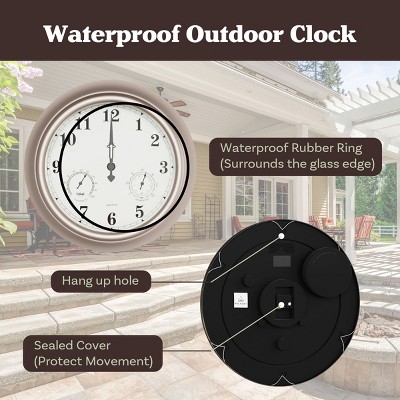 18-Inch Brushed Silver Metal Round Wall Clock with Thermometer