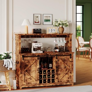 Coffee Bar Cabinet 55", Large Kitchen Hutch,Built-in Power Outlet, Tall Buffet Cabinet with Barn Sliding Door, Wine Glass Rack & Ample Storage - 1 of 4