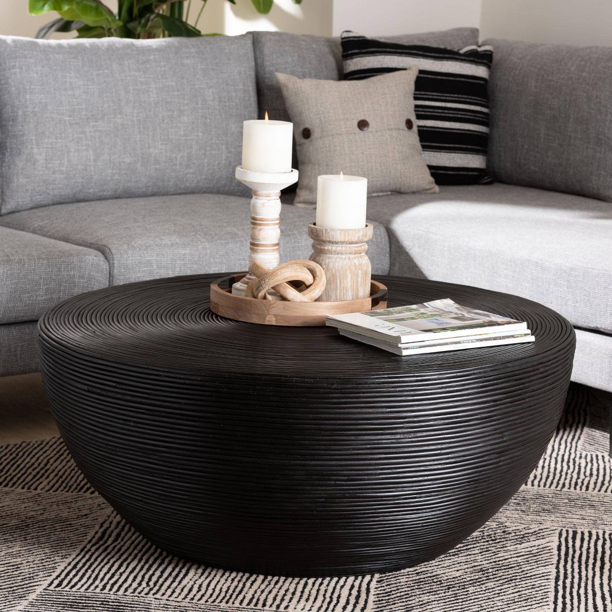 bali & pari Tokyo Laminated Natural Rattan Coffee Table Black - thumbnail 6