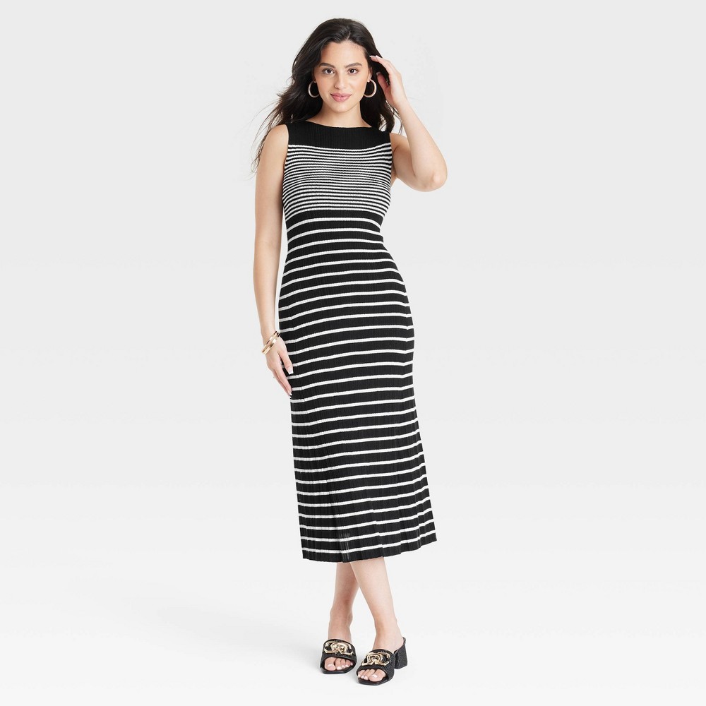 Women's Faux Plisse Midi Sweater Dress - A New Day™ Black/White Striped XL