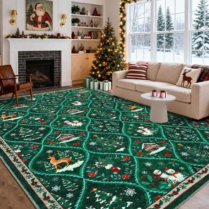 Washable Christmas Area Rug Non Slip Decorative Xmas Holiday Carpet with Santa & Reindeer Print Soft Non Shedding - 1 of 4