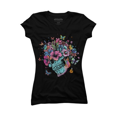 Junior's Design By Humans Floral Butterfly Skull Funny Halloween Costume Hippie Flower By JeilJersey T-Shirt