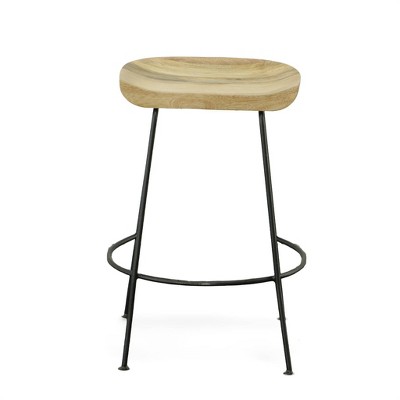 Natural Mango Wood and Black Metal Saddle Counter Stools, 24.5" Set of 2