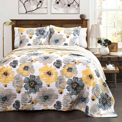 Yellow Gray Grey White Large Flower Floral 5 pc Comforter Set