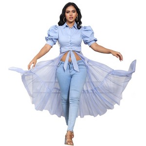 Women's 2025 Casual Mesh See Through Shirts Long Dresses with Belt V Neck Button Down Club Party Outfits - 1 of 4